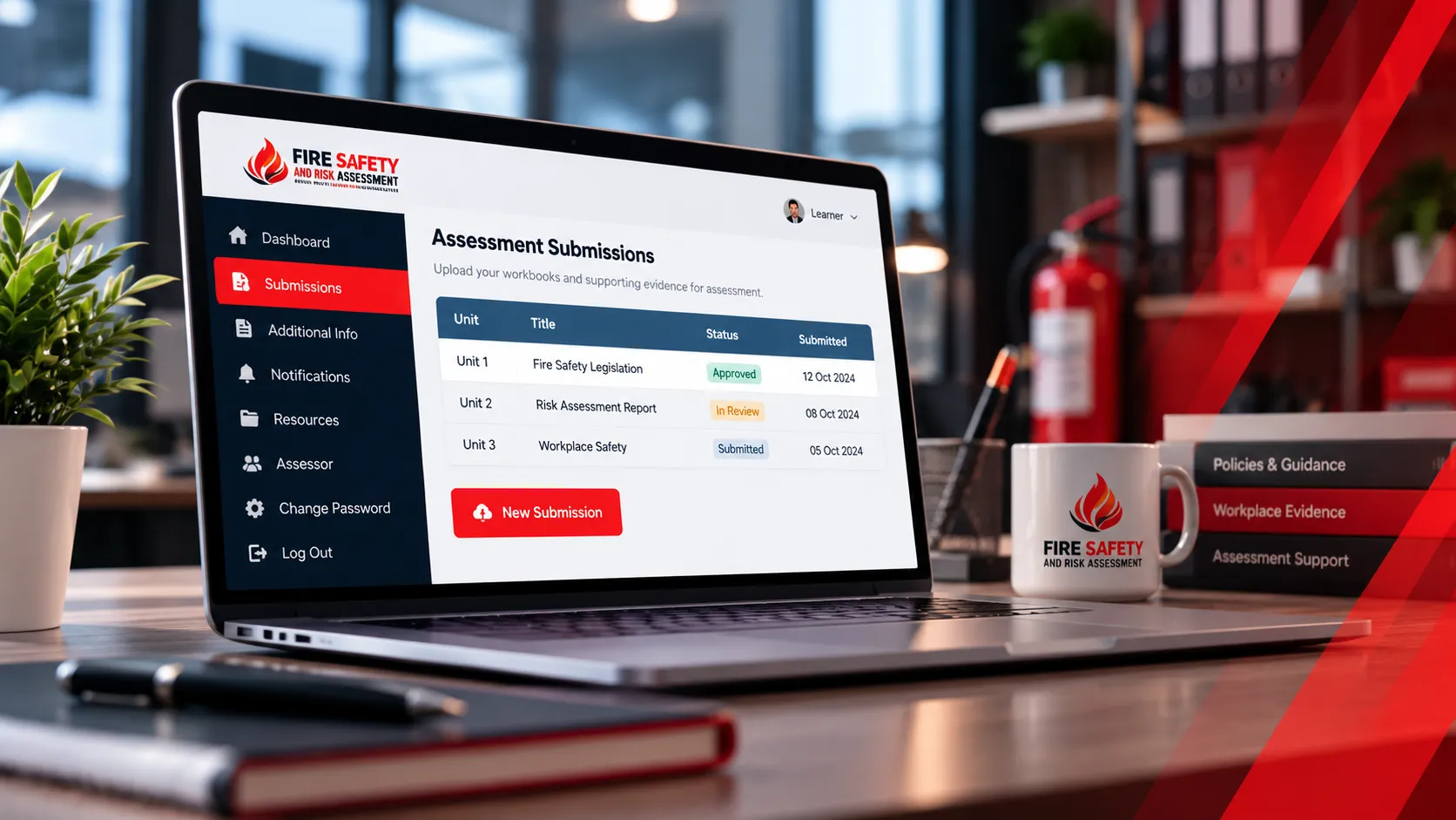 Fire Safety and Risk Assessment E-Assessment Portal showing online workbook submissions and assessment status