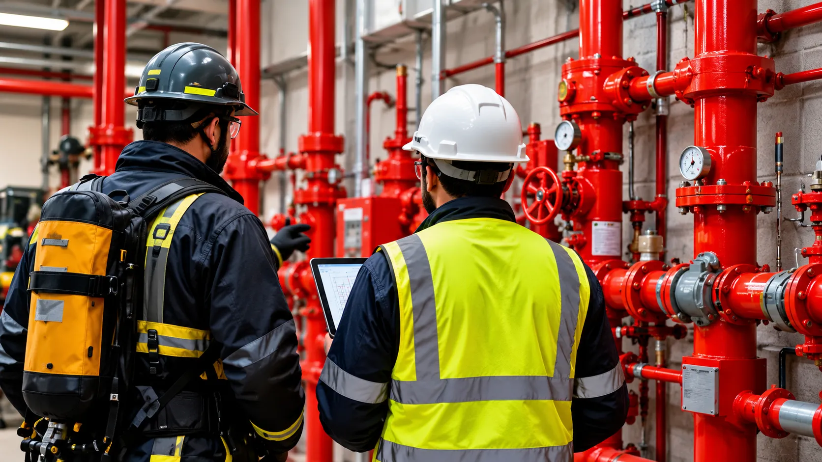 Fire safety inspection team reviewing a fire protection piping system