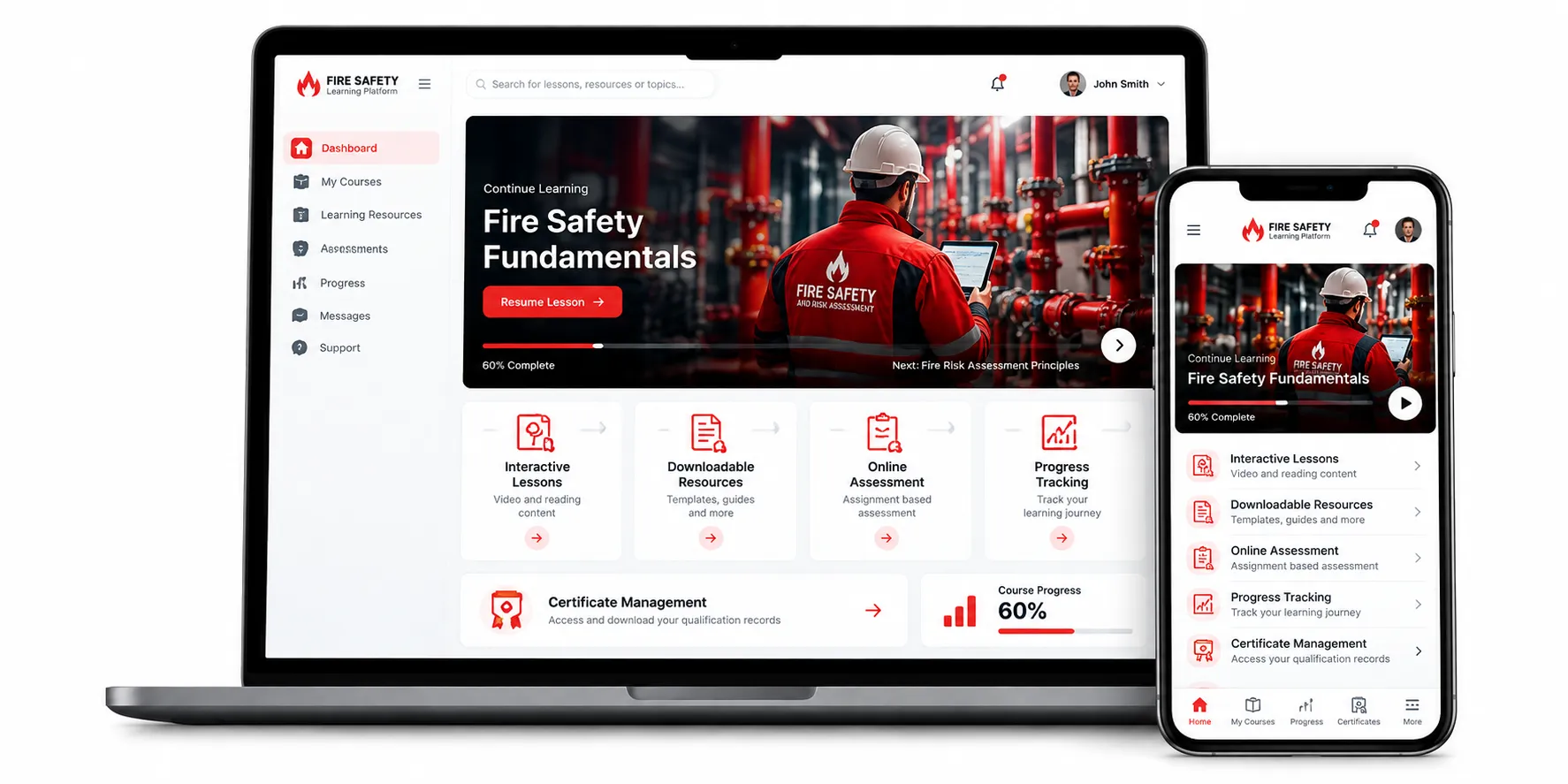 Fire Safety Learning Platform showing online learning and assessment tools